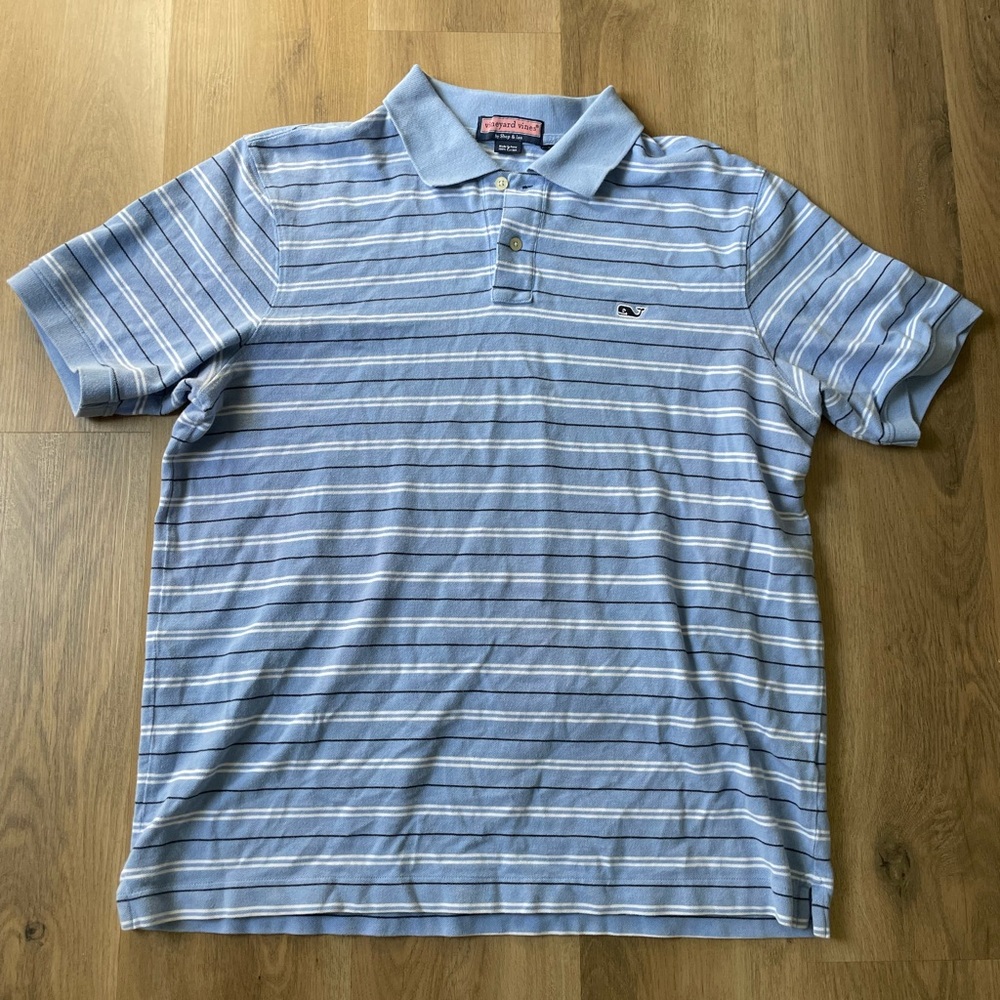 Vineyard Vines Blue & White Striped Polo Short Sleeve Shirt in Size Large